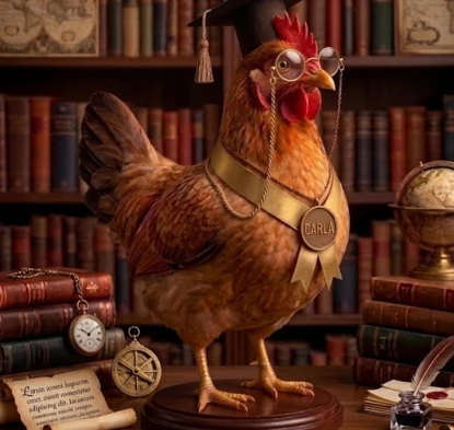 Conceptbeeld van Carla met afstudeerhoed, ronde bril en gouden medaille tussen boeken